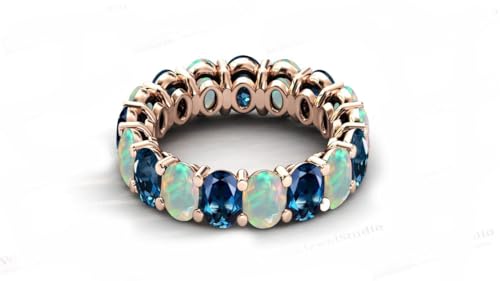 Vintage Opal & London Blue Topaz Eternity Band 925 Sterling Silver Opal Eternity Engagement Band Art Deco Prong Setting Ring Oval Shape Gemstone Gift For Her Birthday Gift Jewelry2