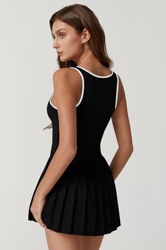 Image of QINSEN Womens Square Neck Tennis Dress Pleated Sleeveless Built in Shorts Golf Athletic Dress with Pockets
