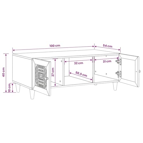Table basse bois de mangue massif 100 cm salon rangement blanc