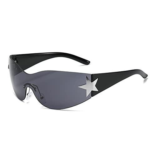 Image of Y2K Sunglasses for Women Men, 2000s Fashion Shield Wrap Around Y2K Glasses Rimless Oversized One Piece Lenses