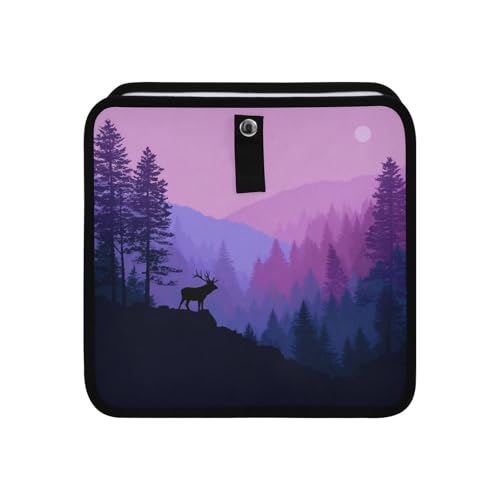 Image of Car Trash Can Organizer Bin with Adjustable Strap for Back Front Seat Console Waterproof Leakproof Collapsible Portable 8.66 Inch Purple Stag Mountains and Forest
