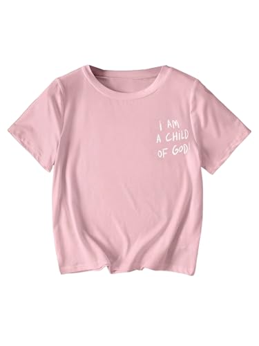 SHENHE Girl's Graphic Tees Slogan Print Short Sleeve Crewneck Cute Tshirt Summer Casual Top