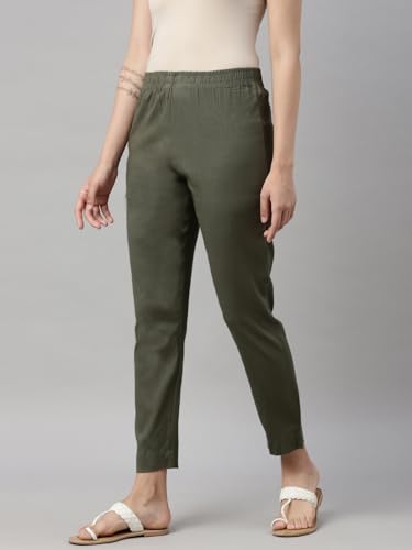 Image of MINELLI Women Solid Cigar Pants, Cotton Lycra Slub Fabric, Elasticated Waistband, Pull On Style, Regular Fit Bottom Wear for Western and Ethnic Wear