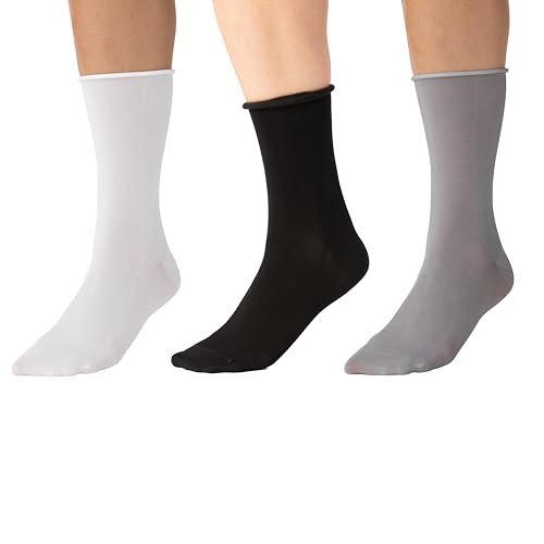 Leggs Womens Everyday Luxe Jersey Roll Top Crew Socks | Soft Breathable Lightweight |Sustainable Yarns Stretchy Fit No-Bind Band| White Grey Black One Size (Pack of 3)