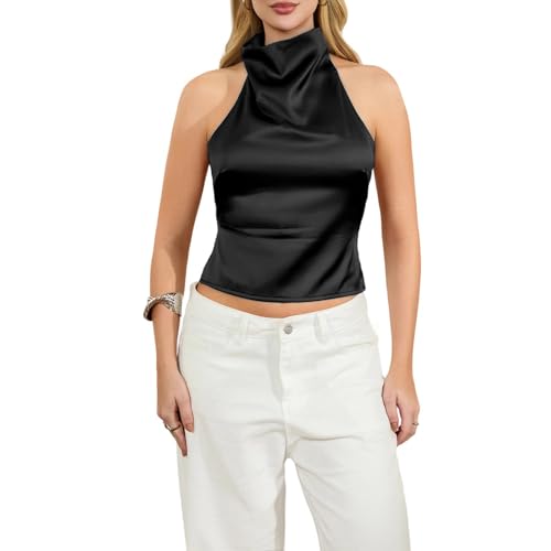 Damen Y2k-Top mit Neckholder-Ausschnitt, satin, ärmellos, mit offenem...