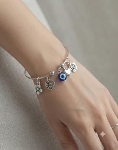 Image of Aspire-T Aesthetic Blue Hair Accessories & Jewelry Gift Set: Plumeria Claw Clip, Evil Eye Charm Bracelet, Gingham Scrunchie, and Glitter Star Earrings