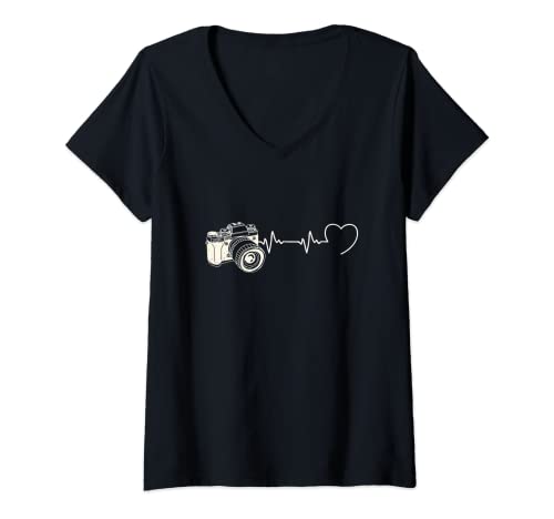 Femme Battement cœur appareil photo humour photographe homme drôle T-Shirt avec Col en V