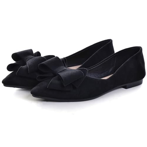 Image of WENJIAZHIZHI Square Toe Bow Ballet Slip-On | Classic Suede Finish,Chic Bow Detail,Effortless Everyday Style,Wedding Party Office,Plus Size Available