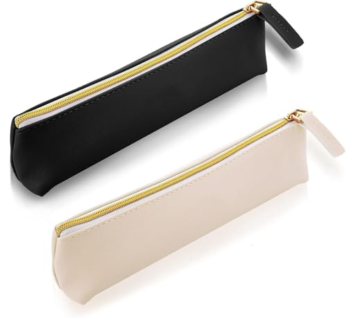 Image of 2Pcs Leather Pencil Case, Zipper Small Pencil Pouch, Aesthetic Portable Travel Cosmetic Bag, Lovely Stationery Bag for Pens Pencils Markers(Beige+Black)