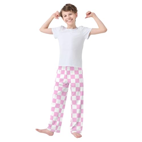 Pink and White Grid Pajama Lounge Pants with Pockets Sleepwear Soft Elastic Waist PJ Bottoms 6-14 Years3