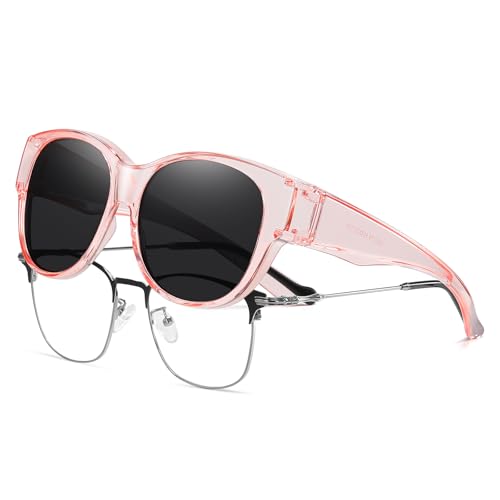 HAOLOTA Fit Over Glasses Sunglasses for Women Polarized, Trendy Cat Eye Sunglasses Wear Over Glasses, UV Protection L Size A07 Transparent Pink/Grey