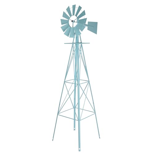 VINGLI 8FT Ornamental Windmill Backyard Garden Decoration Weather Vane Heavy Duty Metal Wind Mill w/ 4 Legs Design (Blue)
