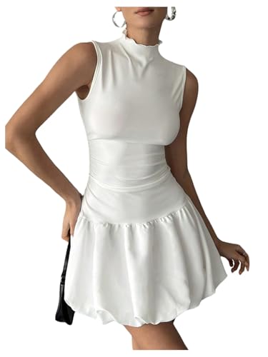 Image of WDIRARA Women's Mock Neck Sleeveless Tank Dress Bubble Sundress Puffy Mini Dresses