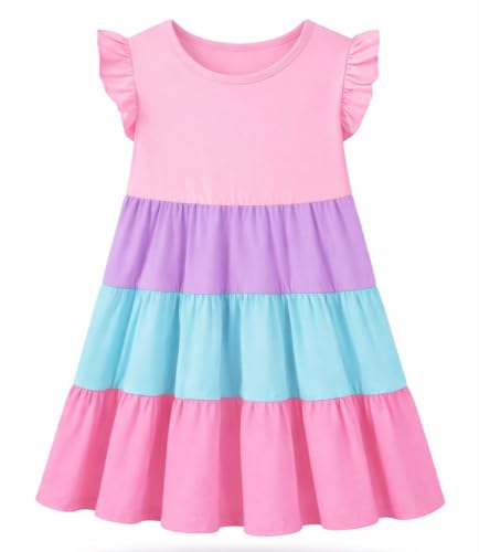 Image of HILEELANG Girls Cotton Tiered Dress Flutter Ruffle Sleeve Summer Swing Sundress Birthday Party Casual Outfit Colorblock 2-12Y