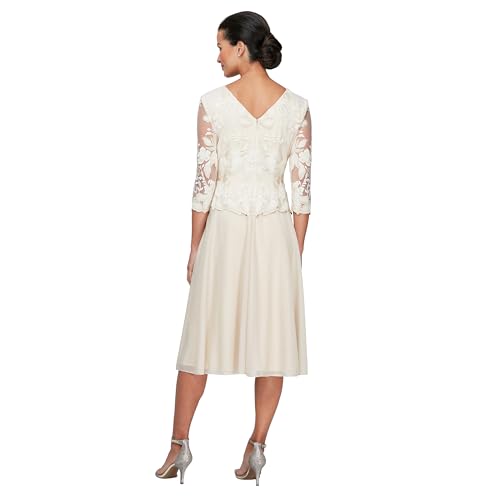 Image of Alex Evenings Women's Tea Length Embroidered Bodice Mother of The Bride Gown, Wedding Guest Dress (Petite and Regular Sizes)