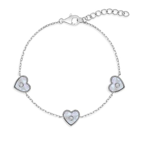 925 Sterling Silver Simulated Mother of Pearl Heart Link Bracelet For Little Girls - Children's Heart Link Bracelets - Adorable Bracelets For A Young Girls Birthday