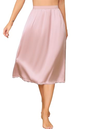 Vlazom Damen Satin Unterrock Lang Rock Petticoat mit Spitze Elastische Taille Halbe Slips für Unterkleider（S，Fleisch Rosa）