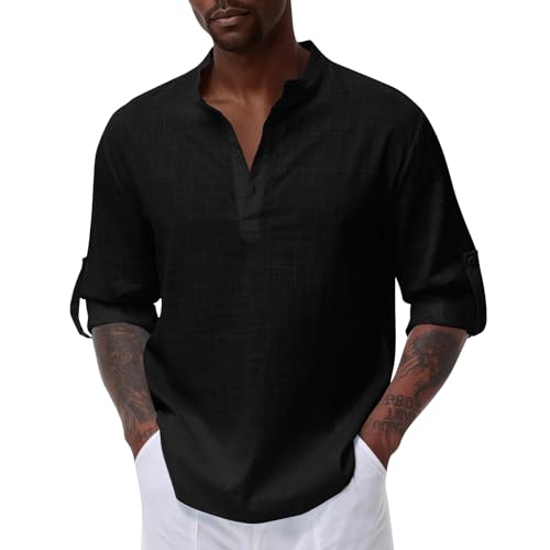 La mejor comparación de Camisas casual para Hombre disponible en línea. 44 RELAAX IN Camisas de Algodón para Hombre Camisa Casual para Hombre Camisa Caballero sin Cuello Estilo Casual Manga Larga con Botones Ajuste Holgado Camisa para la Playa
