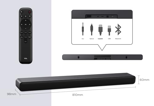TCL S45HE Soundbar 2.0 Kanal, 100W Heimkino-Lautsprecher, Dolby Atmos, DTS Virtual:X, Sound Expansion, Bluetooth 5.2, HDMI eARC, USB, Optisch, Wandmontage möglich, Eine Fernbedienung