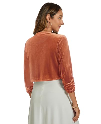 Image of Womens Velvet Bolero Shrug Elegant Open Front Ruched 3 /4 Sleeve Cocktail Party Cropped Cardigan