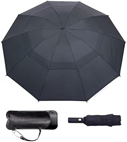 LFLFWY Large Size Reverse Umbrella - Windproof Vented Travel Umbrella Automatic Open and Close, Folding Double Canopy Umbrella with Leather Bag, Best Gift for Men and Women