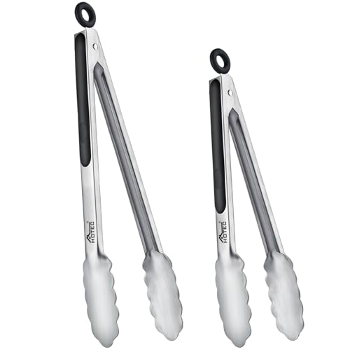 Hotec Tongs, Stainless Steel, Kitchen Tongs, Set of 2, For Grilling/Barbecues, Heat Resistant, Antibacterial, Includes Stand, Convenient Locking Storage, Cooking Tongs
