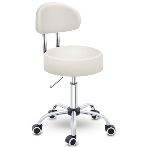 TRESKO - TRESKO Tabouret de travail | Tabouret à roulettes avec dossier - réglable de 47 à 60 cm | Tabouret rotatif à roulettes | Chaise de bureau tabouret pivotant rotatif cosmétique - -13%