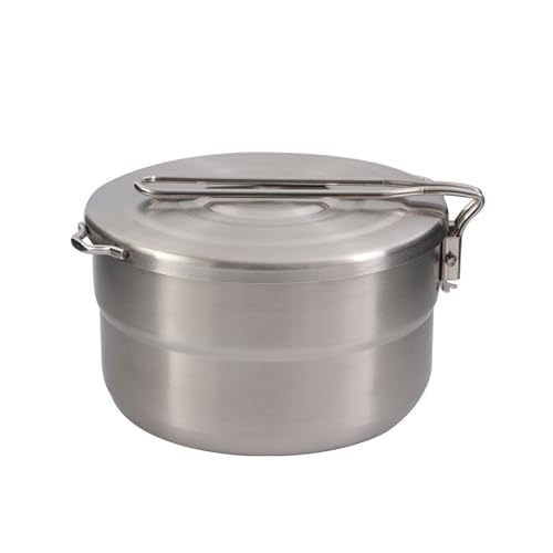 Jorunhe Pentola da campeggio in acciaio inox con coperchio, leggera da 1,5 l, manico pieghevole, set da campeggio con borsa in rete per campeggio, zaino in spalla, cucina all'aperto, picnic