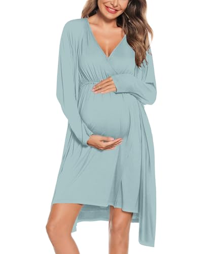 Image of SWOMOG Women Maternity Nursing Gown and Robe Set 3 in 1 Labor Delivery Nursing Nightgown for Breastfeeding Hospital Bathrobe
