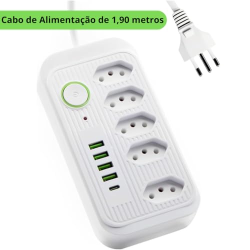 Régua de Energia, Extensão, 5 Tomadas, 4 USB, 1 USB-C, Cabo 1,9m, Bivolt 2500W, Filtro de Linha com
