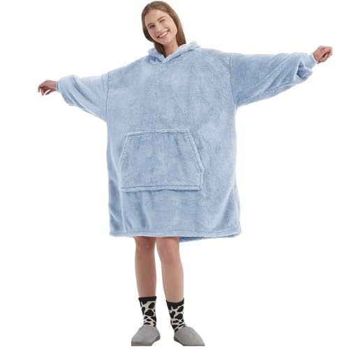 FELOVE é uma camisola com capuz e mangas com um bolso grande, que é uma manta portátil ultra macia e confortável para adultos, e que é quente e tem um tamanho único., Azul celeste, Tamanho único
