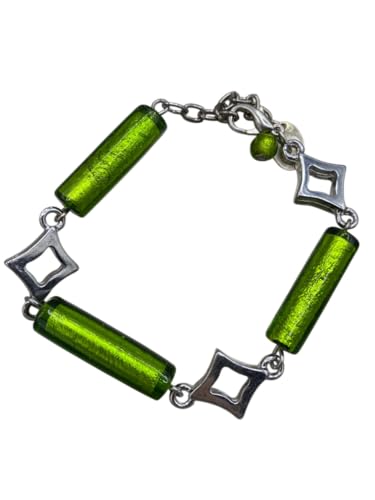 Bracelet en verre antique vert de Murano et acier inoxydable haut de gamme