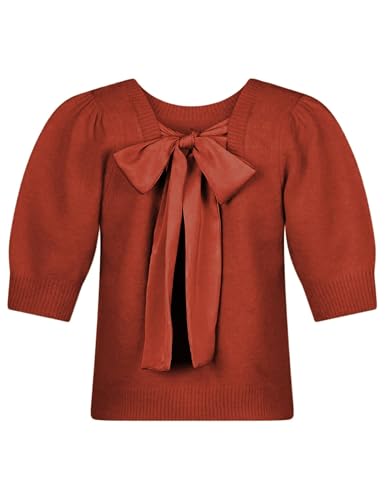 Image of Seyumixi Women Cute Bow Sweater Puff Short Sleeve Crewneck Knitted Shirt Bowknot Tie Back Knit Pullover Tops