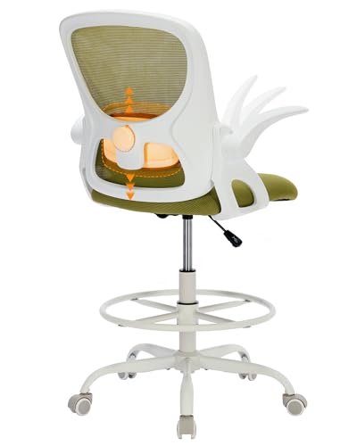 Image of LukkDys Drafting Chair with 4D Multi-Adjustable Backrest, Tall Office Chair 19.7 inch-27.6 inch Seat Height, Ergonomic Standing Desk Chair with Flip-up Arms, Foot Ring, Green&White