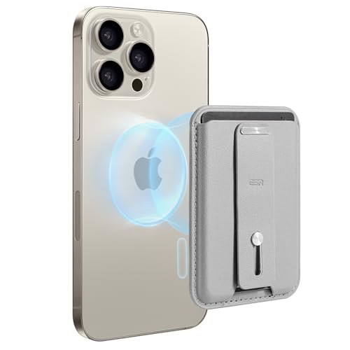 ESR Magnetic Wallet, Compatible with MagSafe Wallet, 3-Card Holder, Vegan Leather, Secure-Grip Finger Loop, for iPhone 16/15/14/13/12 Series, Not for 13/12 Mini, Grey