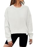 MEROKEETY Women's Oversized Cropped Sweatshirts Crewneck Fleece Workout Pullover Tops Fall Outfits, White, S