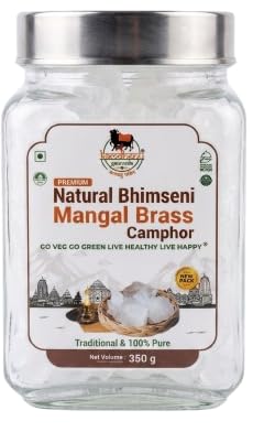 Image of Lab-Tested Natural Bhimseni Mangal Brass Camphor | 100% Pure Organic Edible Solid Kapoor for Electric Diffuser, Pooja, Havan, Aarti, Aromatherapy | Pacha Kapooram Premium Glass Jar 350g