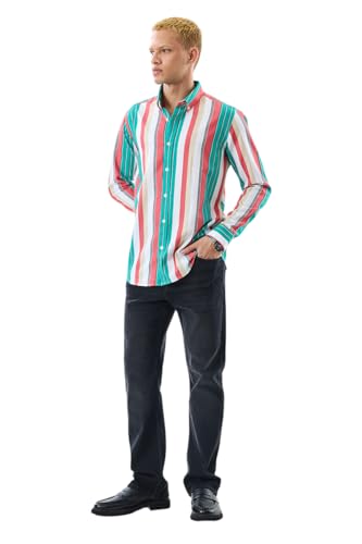 Image of SNITCH Men Casual Shirt | Slim Fit Full Sleeve Button-Down Collar Striped Design | 100% Cotton & Breathable Fabric for Everyday Wear & Semi-Formal Occasions | Teal