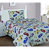 Elegant Home Multicolor Grey Red Blue Yellow Racing Cars Race Car Design 3 Piece Printed Twin Size Sheet Set with Pillowcase Flat Fitted Sheet for Boys / Kids/ Teens # Transportation (Twin)