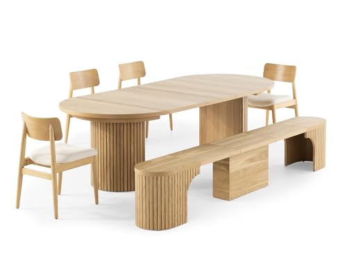 Image of Transformer Round Extendable Dining Table - Solid Wood Expandable Table for 4 to 8, Modern Space-Saving Kitchen & Dining Room Furniture with Hidden Storage (Natural Oak, Table + 4 Chairs + Bench)