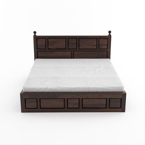 Image of Sheesham Wood Queen Size Bed with Storage Box | Wooden Box Bed Queen Size Double Cot Bed with Storage for Bedroom | Premium Lattu Design Headboard Bed for Living Room | Walnut Finish