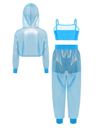 YiZYiF Girls 2Pcs Gymnastics Hip-hop Jazz Dance Outfit See-through Mesh Crop Top Hoodie and Vest Pants Set2