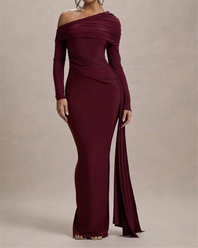 Niiyyjj Women Skew Collar Long Sleeve Sexy Maxi Dress Backless Draped Ruched Bodycon Club Long Dresses2