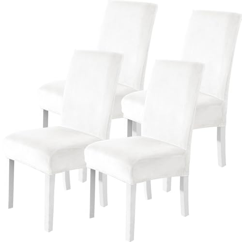 CYCMACO Fundas Sillas De Comedor Terciopelo Pack 4, Funda De Sillas Ajustables Y Elasticas, Universal Chair Cover Lavables Banquetes Hogar Restaurante Hotel, Blanco