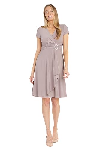 Image of R&M Richards Women's Cascade Wrap Dress with V-Neck & O-Ring Rhinestone Buckle, Work to Weekend Short Sleeve Flowy Silhouette