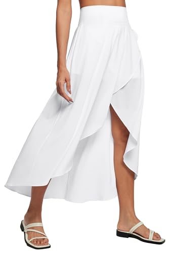Heathyoga High Waist Wrap Skirt with Shorts Flowy Skirts for Women Trendy Summer Ruffle High Low Maxi Skirt with Slit White