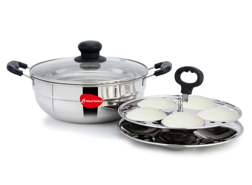 Image of Klassi Kichen Stainless Steel Multi Kadai WIth Glass Lid Induction & Standard Idli Maker (2 Plates,10 Idlis)