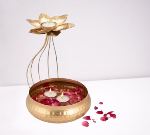 Dominque Metal Lotus Design Tealight Candle Holder with Base of Urli Bowl, Home Decor, Tabletop, Diwali Gift Items 10 Inch Height (Gold) (B0DCVTRP7Y) Amazon Price History, Amazon Price Tracker