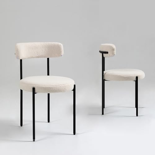White Boucle Sherpa Modern Dining Room Chairs Set of 2,Mid-Centur...