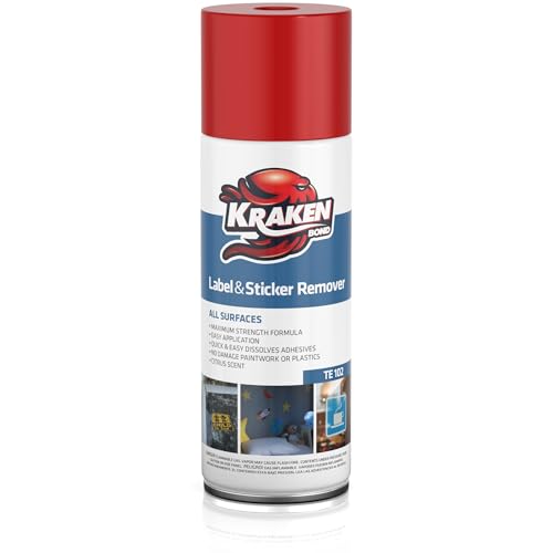 Image of KRAKEN BOND Label & Sticker Remover Spray - (12x5oz) Quick-Dissolve Adhesive Remover Spray with Citrus Scent, Removes Tar, Tape & Bumper Stickers on Multiple Surfaces, No Damage to Paint, 12 Pack